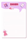 Remember planner sheet. Pink girly organizer or notebook page. School stationery, hearts, gift box and cute dress