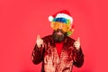 Remember reason for season. Bearded man celebrate christmas. Christmas decorations. Party entertainment. Christmas