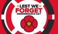 Remembrance Day. Lest we Forget. Remembrance poppy. Poppy day. Memorial day to honour armed forces members. Red poppy. Vector