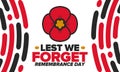 Remembrance Day. Lest we Forget. Remembrance poppy. Poppy day. Memorial day to honour armed forces members. Red poppy. Vector