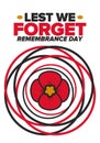 Remembrance Day. Lest we Forget. Remembrance poppy. Poppy day. Memorial day to honour armed forces members. Red poppy. Vector Royalty Free Stock Photo