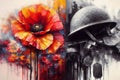 Remembrance Day, Armistice Day, Anzac day background with soldier helmet, ammunition and wild red poppies flowers
