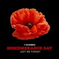 Remembrance day banner. Poppy flower on black background.