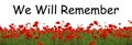 Remembrance day banner. Red poppy flowers in field and text We will Remember on white background