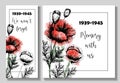 Remembrance day banner set. Poster about World War II 1939-1945. Red poppies are a symbol of memory and sorrow