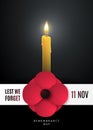 Remembrance day concept poster with a poppy flower and light candle.