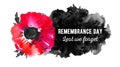 Remembrance day design concept. Poppy flower with black spot and title. Hand drawn watercolor sketch illustration Royalty Free Stock Photo