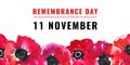 Remembrance day design concept. Poppy flowers in a row on the bottom of the page and title. Hand drawn watercolor sketch Royalty Free Stock Photo