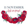 Remembrance day design template with red poppy wreath. Hand drawn vector sketch illustration