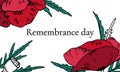 Remembrance day landscape design template with color poppy flowers. Hand drawn vector illustration
