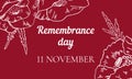 Remembrance day landscape design template with poppy flowers and title. Hand drawn vector outline sketch illustration