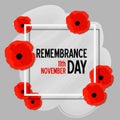 Remembrance day paper cut poster with poppy flowers and white frame. Vector illustration template in 3d paper style. Royalty Free Stock Photo