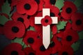 Remembrance Day poppy symbol on wooden cross. 11th November is a memorial day of the First World War. Royalty Free Stock Photo