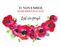 Remembrance day poppy wreath. Red flowers and title 11 November Lest we forget. Hand drawn watercolor sketch illustration Royalty Free Stock Photo