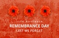 Remembrance Day Poster. Poppy Day. Poppy flower - Remembrance Day symbol. 11th November Remembrance Day Lest We Forget text. 3