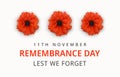 Remembrance Day Poster. Poppy Day. Poppy flower - Remembrance Day symbol. 11th November Remembrance Day Lest We Forget text. 3