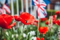 Remembrance Day. Realistic Red Poppy flower and Flag of the United Kingdom of Great Britain. Neural network AI generated