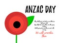 REMEMBRANCE day symbol. Card with red poppy and lettering text. ANZAC DAY banner design with space for text. Vector illustration