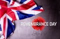 Remembrance Day in the United Kingdom. Banner template with official Great Britain Flag and Poppy flower. Royalty Free Stock Photo