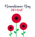 Remembrance Day vector poster. Lest We forget. Bright Red Poppy flower