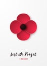 Remembrance day vertical banner with red Poppy flower and inscription Lest we forget. Royalty Free Stock Photo