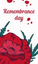 Remembrance day vertical design template with red poppy flower. Hand drawn vector sketch illustration Royalty Free Stock Photo