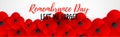 Remembrance Day web header. Lest We forget caslligraphy. Poppy flowerf peace. Memorial banner, card.