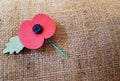 Remembrance Poppy on Hessian background Royalty Free Stock Photo