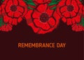 Remembrance poppy and lest we forget concept banner. Vector illustration with hand-drawn red poppy to Anzac day and May 8th Royalty Free Stock Photo