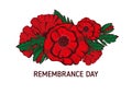 Remembrance poppy and lest we forget concept banner. Vector illustration with hand-drawn red poppy to Anzac day and May 8th Royalty Free Stock Photo