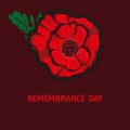 Remembrance poppy and lest we forget concept banner. Vector illustration with hand-drawn red poppy to Anzac day and May 8th Royalty Free Stock Photo