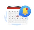 Reminder in calendar. Calendar with clock and notification bell. alert for business planning ,events, reminder. Vector Royalty Free Stock Photo