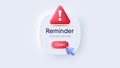Reminder 3d notifications page with warning alert. Calendar event notice message. Push notifications box. Vector