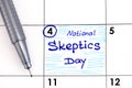 Reminder National Skeptics Day in calendar with pen Royalty Free Stock Photo