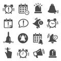 Reminder, notification black and white glyph icons set