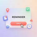 Reminder Notification Interface with Open Button and Various Icons on a Gradient Background Royalty Free Stock Photo