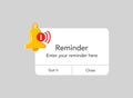 Reminder notifications page with alert bell icon in flat style. Event notice message vector illustration on isolated background. Royalty Free Stock Photo