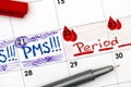 Reminder PMS and Period in calendar with red pen.