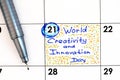 Reminder World Creativity and Innovation Day in calendar with pen Royalty Free Stock Photo
