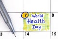 Reminder World Health Day in calendar with pen