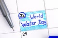 Reminder World Water Day in calendar with blue pen