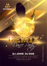 Remix Dance Party Invitation, Flyer Design with Shiny Golden Disco Ball and Champagne Bottles on Lights Effect.