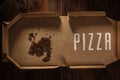 Remnants of pizza in delivery box with pizza time text