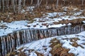 Remnants of snow along the creek with reflections of the sky, trees and clouds Royalty Free Stock Photo