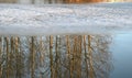 Remnants of spring ice on the pond. Trees are reflected in the mirror-like surface of the water Royalty Free Stock Photo