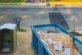 Remodeling construction blue construction container filled with portable chemical toilets Royalty Free Stock Photo