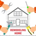 Remodeling home. Home renovation and technology concept. Men`s hands hold tools for home repairs.