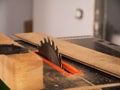 Wood Works. Circular Saw Machine At Work. Construction Tools.