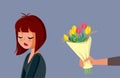 Sad Girlfriend Receiving Flowers and Apologies Vector Illustration