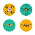 Remote aerial drone with a camera taking photography or video. Flat drones design. Set drones.